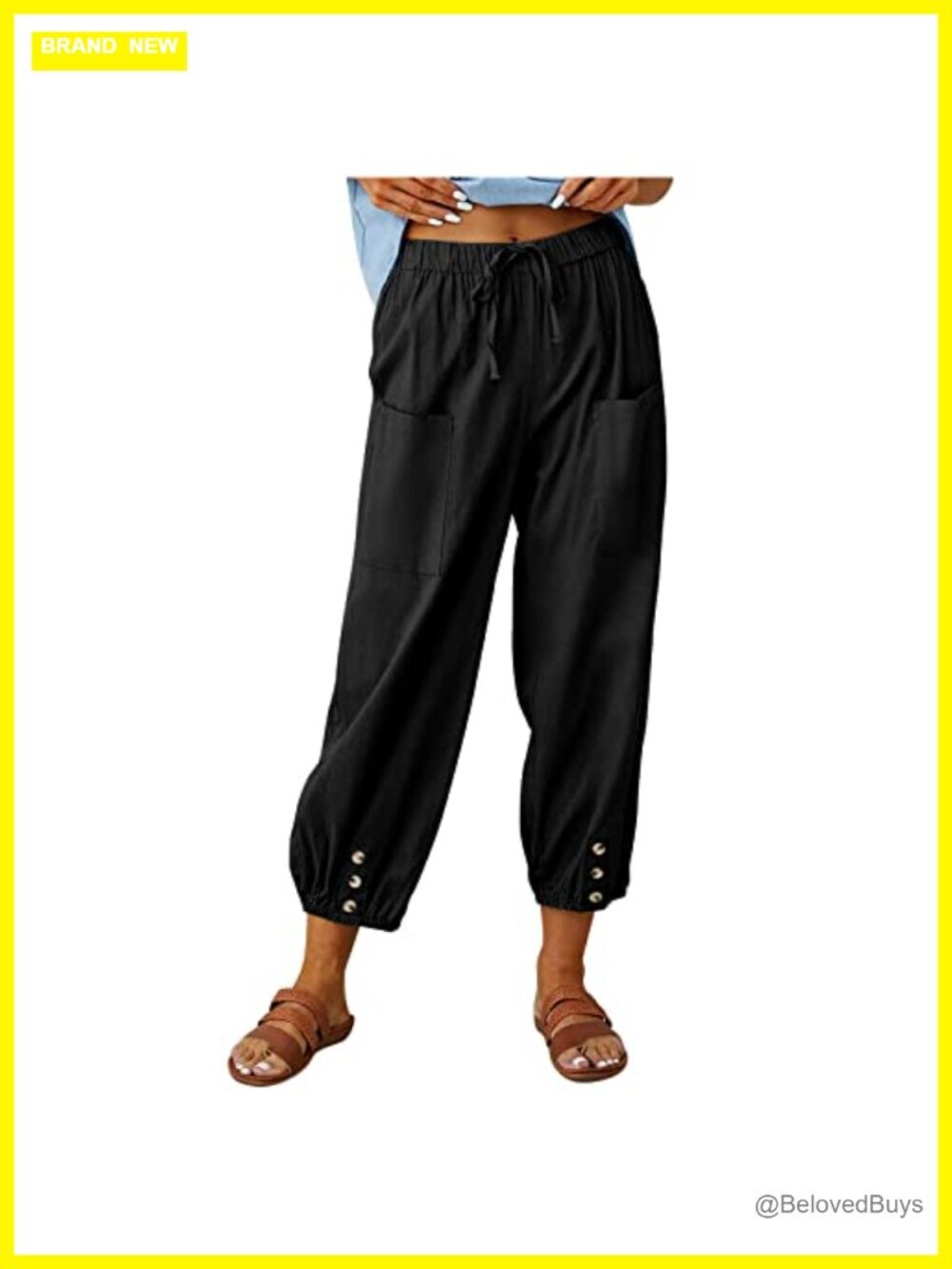 100% Cotton Capri Pants High Waist Drawstring Cinch Bottom Casual